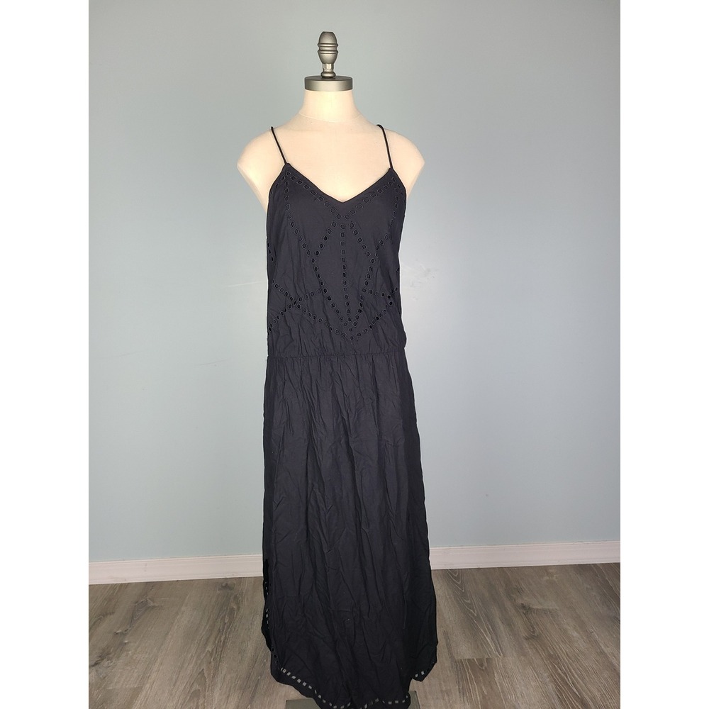 Pampelone Sz M Midi Dress Backless Black Eyelet Trim Minimalist Old Money